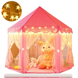 Princess Castle Fairy Tent, Play Toys For Girls Large Hexagon Playhouse, Toy Houses, With Star Lights Indoor And Outdoor Kids Magical Game House Kids Camping(With Mat)